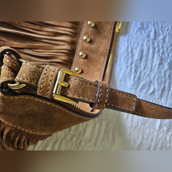 Michael Kors Brown Suede Gold Tassels Fringe Designer Purse Shoulder Bag - Picture 10 of 16